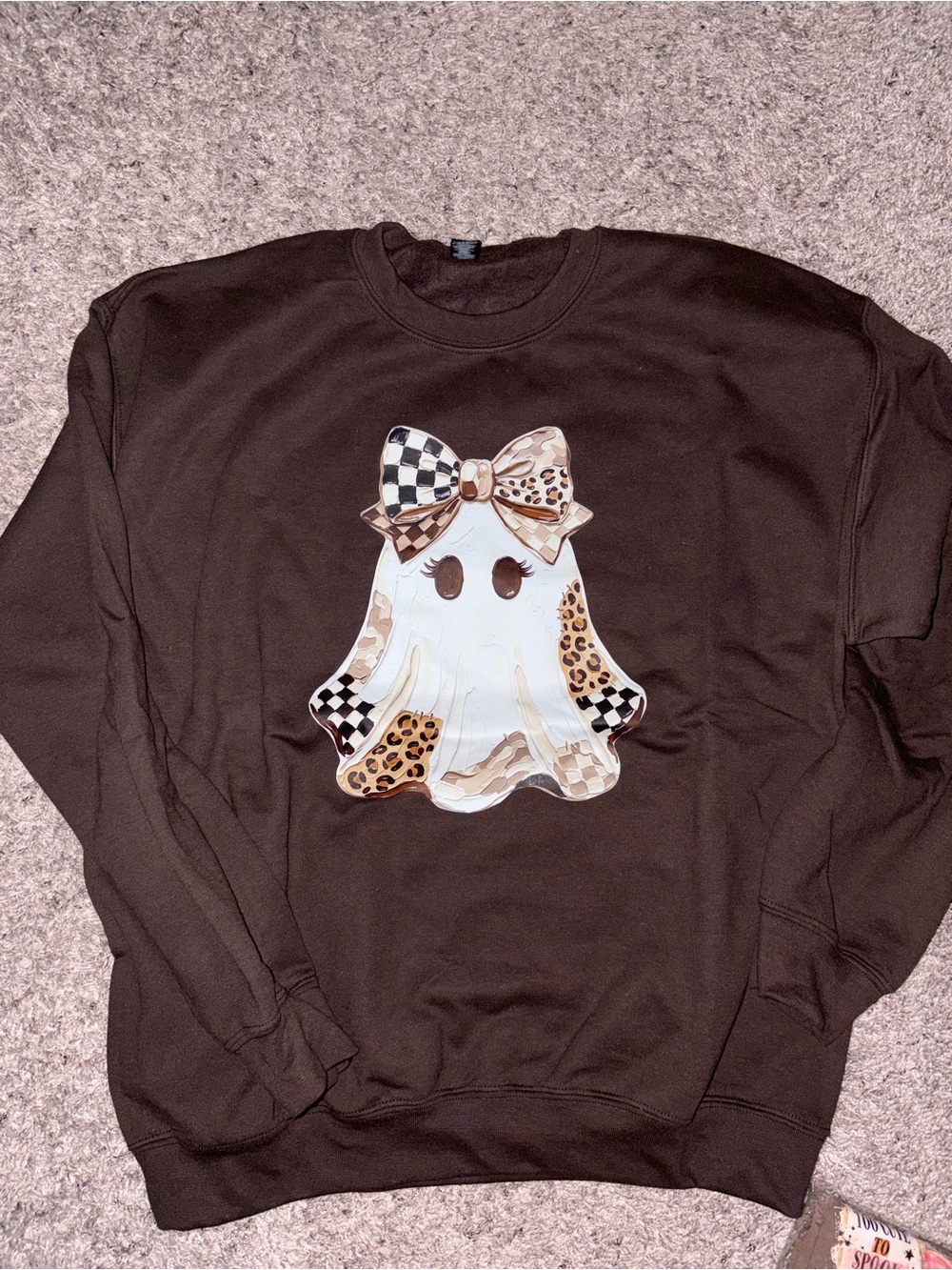 Gildan Chocolate Sweatshirt with Ghost Graphic and Leopard Bow